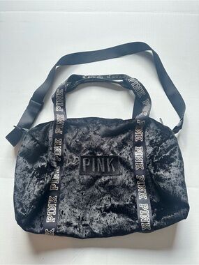 PINK by Victoria Secret Logo Y2K Black Velvet Duffle Tote Bag Double Strap